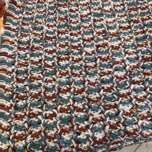 crochet throw blanket in teal browns and burgundy colors & some fringe 60” x 34"